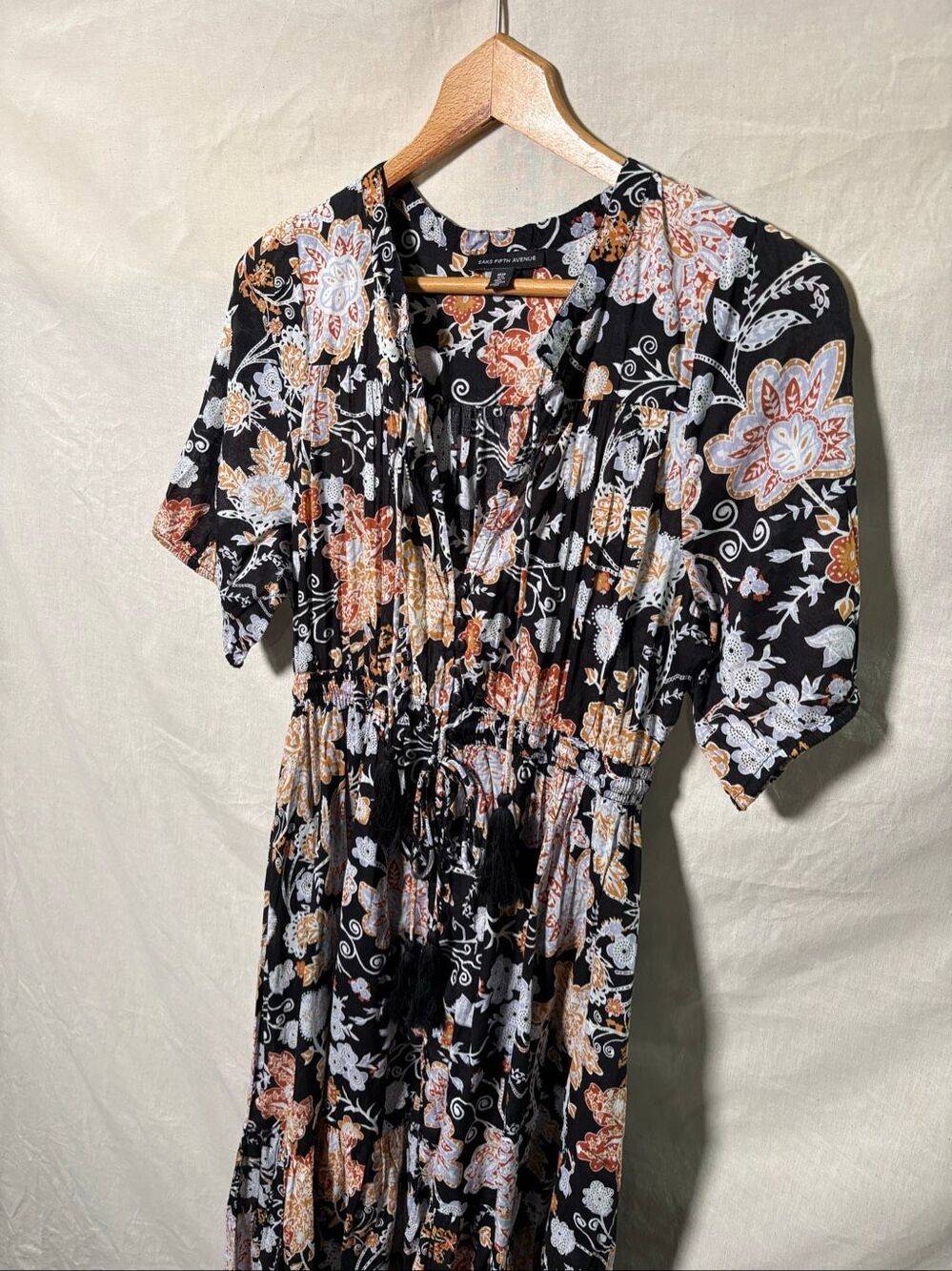 Saks Fifth Avenue Floral Midi Dress Black Cotton Tassel Tie Waist Size Medium - Picture 2 of 10